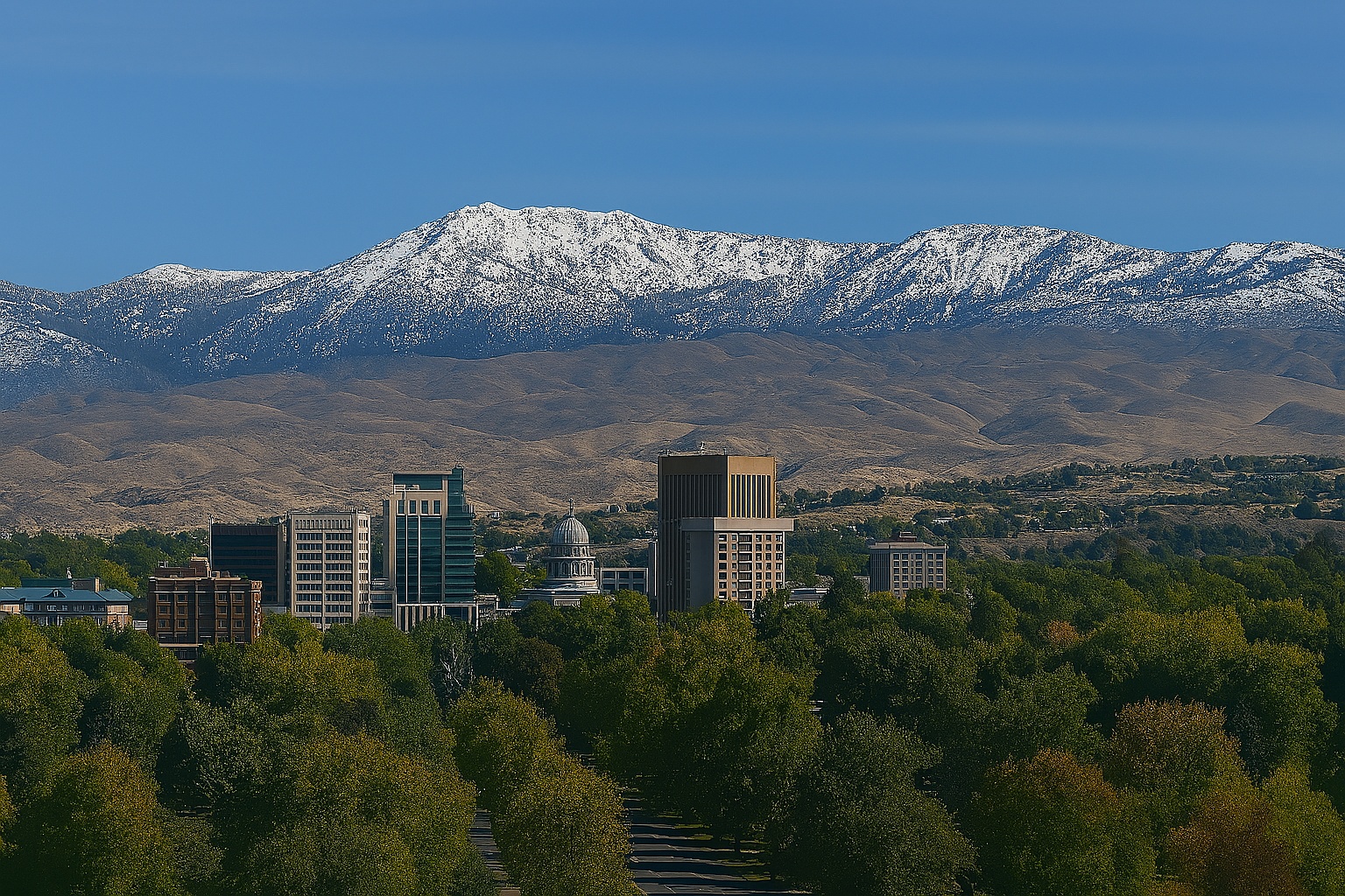 Boise downtown, foothills, and snow-covered mountains.